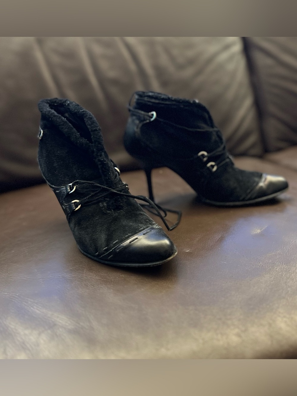 Black Suede Leather Shearling Trim Lace-Up Stiletto Ankle Booties / Boots